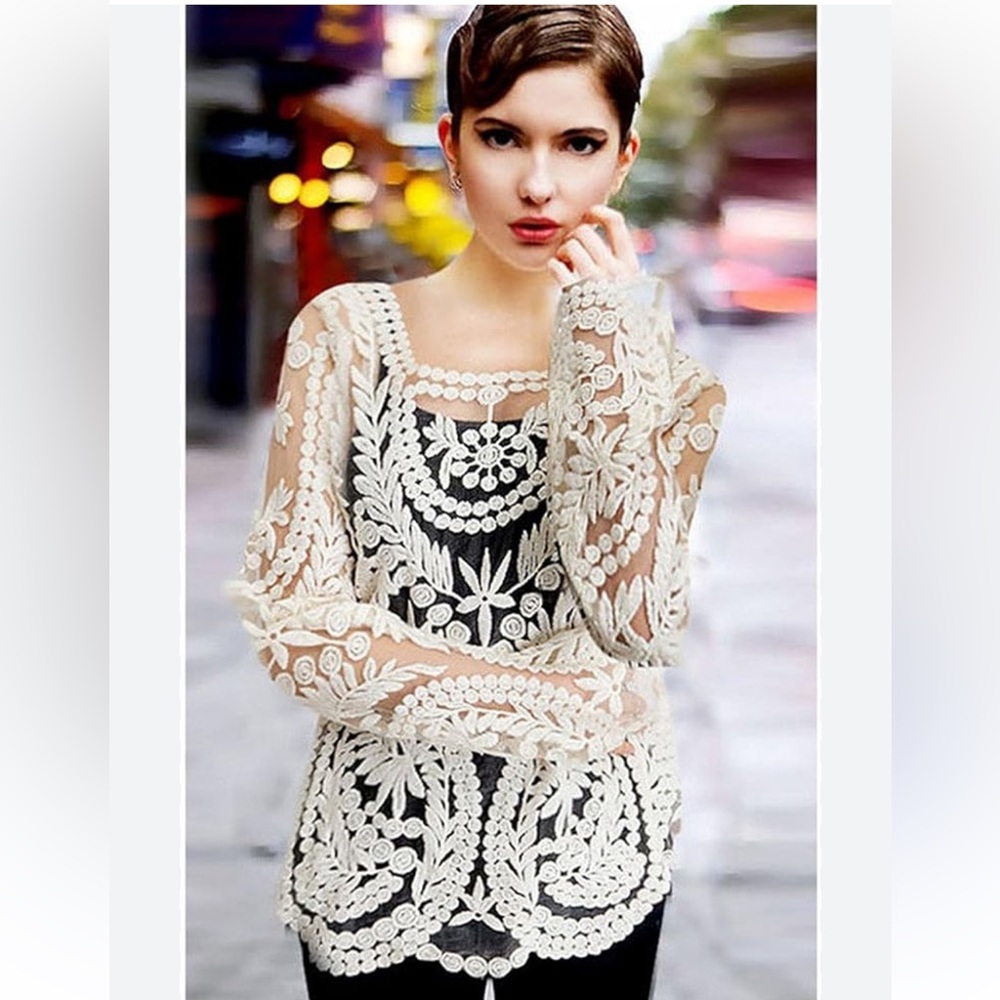 Choies Cream Lace mesh long sleeved Crochet Blouse.